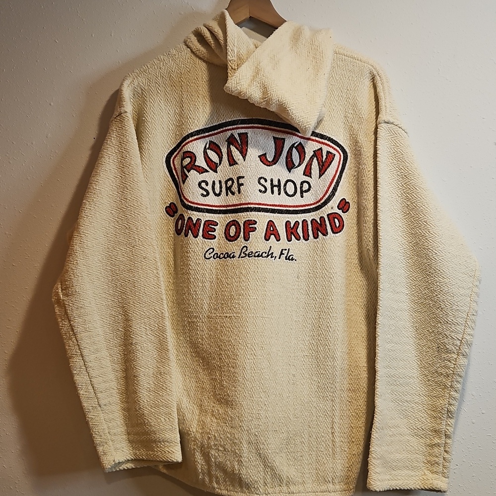 Ron Jon Surf Shop Cocoa Beach Vintage Hoodie Cream Textured Beach Pullover Sz XL